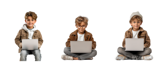 Boy and laptop on transparent background
