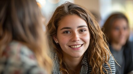 Friendly Young Woman Smiling During Conversation - obrazy, fototapety, plakaty
