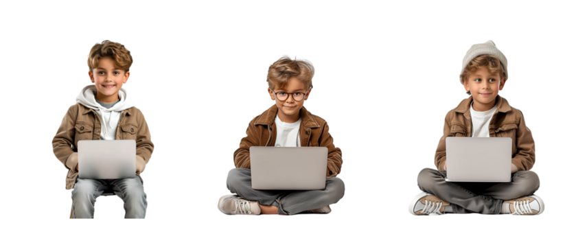 Boy and laptop on transparent background
