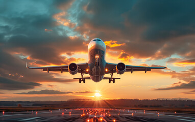 Airplane Ascending Against Vibrant Sunset