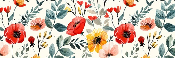 A vibrant watercolor painting featuring red and yellow flowers in full bloom, showcasing intricate details and rich colors - obrazy, fototapety, plakaty