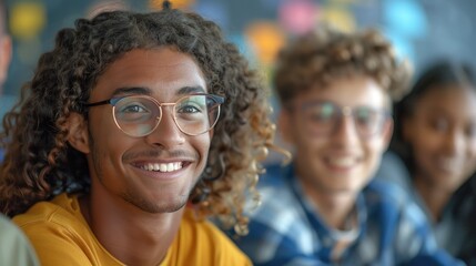 Cheerful Young Man with Glasses and Friends