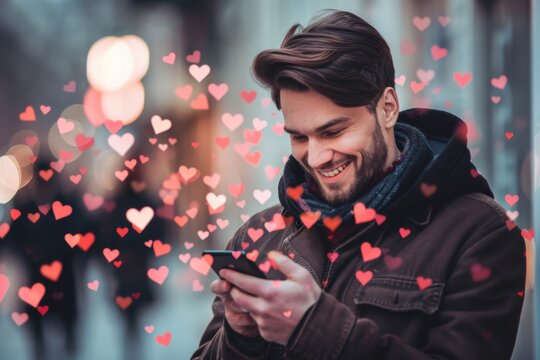 A man smiling at his phone with heart emojis. Depicts romantic conversations, dating apps.