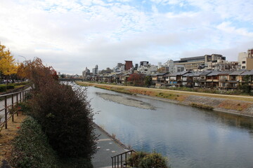 Autumn scenery along Kamogawa River in Kyoto, Japan