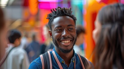 Young Man with Bright Smile in Urban Crowd - obrazy, fototapety, plakaty
