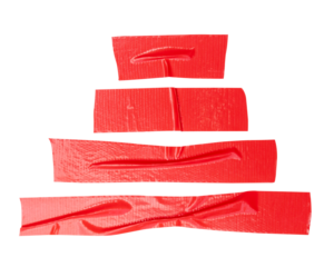 Top view set of wrinkled red adhesive vinyl tape or cloth tape in stripes shape isolated with clipping path in png file format