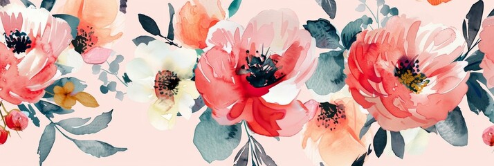 Watercolor painting depicting colorful flowers on a vibrant pink background - obrazy, fototapety, plakaty