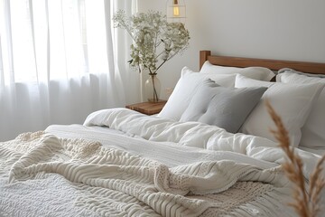Update the look of a modern bedroom with a rustic décor, including a bed with a combination of white and cream pillows.

