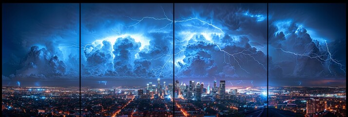 Urban skyline lightning show: captivating city vista under electric skies