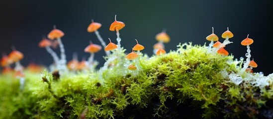 Obraz na płótnie Canvas A cluster of mushrooms is sprouting on the lush mosscovered ground, creating a natural landscape filled with terrestrial plants and groundcover
