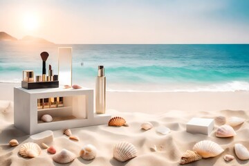 Fototapeta na wymiar Background of makeup goods on a sandy beach. Seashells and a geometric concrete cube stone podium. 