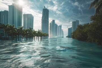the catastrophe of rising sea levels destroys cities. A striking portrayal of rising sea levels, highlighting the impact of climate change on coastal regions. Raises awareness about the urgent need fo