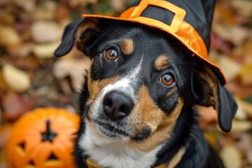 Entlebucher dog in Halloween costume, ready for fun. Playful and festive canine companion.