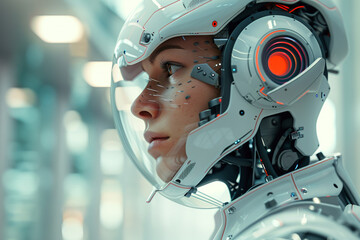 A futuristic man with a stylish and attractive robotic head in profile.