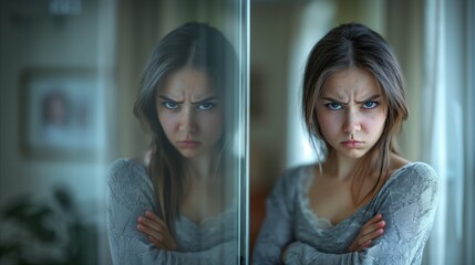 Young Woman Reflecting Emotion in Mirror - obrazy, fototapety, plakaty
