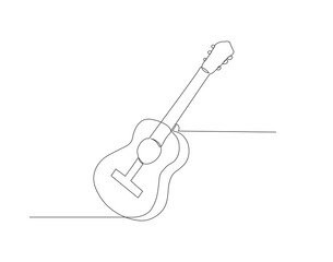 Continuous line drawing of classic acoustic guitar. One line of guitar acoustic. Modern stringed music instruments concept continuous line art. Editable outline.