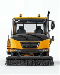 A front view of the yellow street sweeping machine, with black bristles on its brush head and white background. The vehicle is equipped with an open cabin and four wheels for road cleaning.