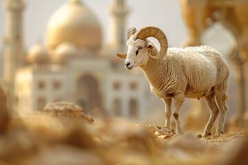 Obraz premium A majestic ram stands before a blurred mosque backdrop, symbolizing sacrifice.