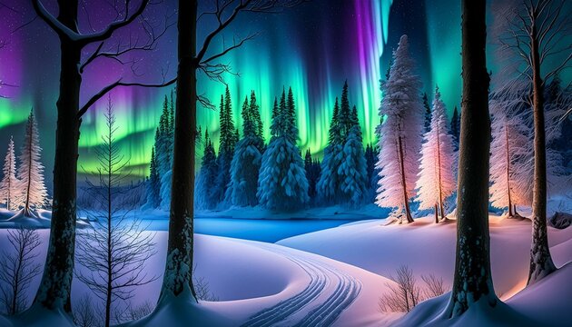 Visualize the northern lights dancing over a snow-covered landscape. This scene could include a frozen lake, pine trees weighed down with snow, and the vibrant colors. AI Generated