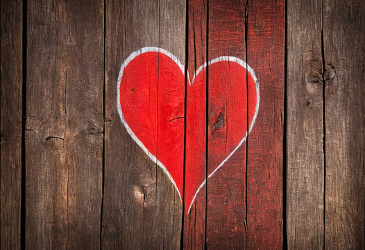 Bright red heart as a symbol of love drawn on a wooden vintage background