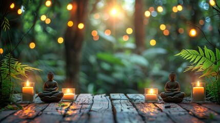 Serene Zen Garden With Buddhas and Candles at Dusk