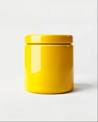 A yellow jar with a lid, product photography in the style of minimalist, white background, simple design, solid color background, clean and tidy