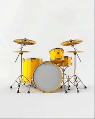 3d Realistic yellow drum set . on white Background, with copy space , photorealistic 