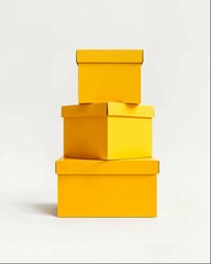 A set of three yellow boxes on a solid color background in a minimalist style with white space around the boxes, in the style of minimalism