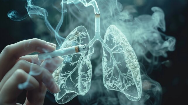 Smoker hand holding a smoking cigarette next to lungs full of smoke representing the danger of smoking for health, lung cancer and illness concept, World no tobacco day, 