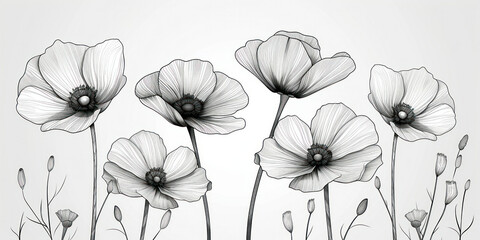 Beautiful Black and White Drawing of Poppy Flowers with Elegant Text on White Background