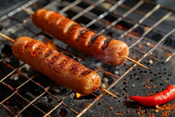 Two sausages cooking on a grill alongside a red pepper