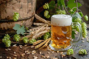 Beer mug beside wheat and hops. Ideal for brewery ads or Oktoberfest promotions.