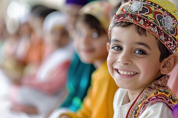 A young boy in festive attire smiles at Eid celebrations.