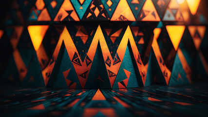 Compose an abstract background inspired by tribal art, incorporating geometric triangle motifs - Powered by Adobe
