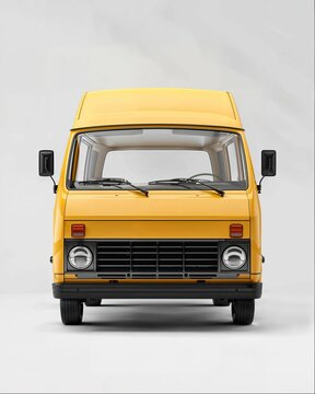 front view of a yellow Russian panel van against a simple white background in a studio shot, rendered in a photorealistic, cinematic style