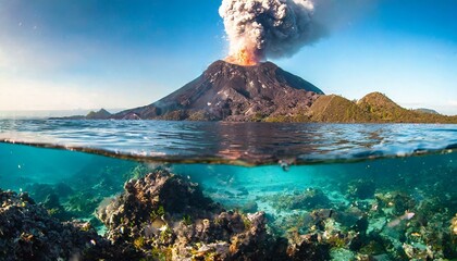 Volcan explosion paisaje fuego en el mar - obrazy, fototapety, plakaty
