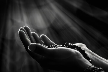 Praying hands holding beads with rays of light in black and white.