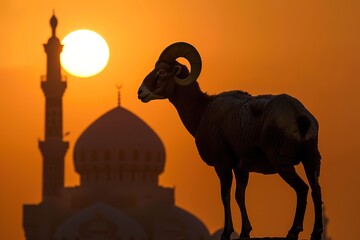 Silhouette of a ram against a sunset with a mosque in the background.