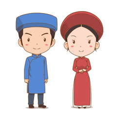 Cute couple of cartoon characters in Vietnam national costume.