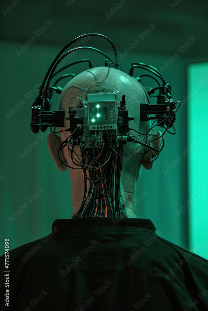 Poster portrait of a man with wires connected to his head in front of a green screen, with a computer scree