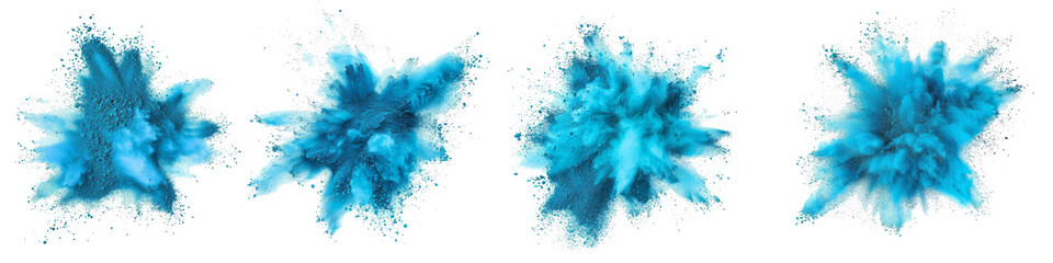 Set of Abstract blue powder explosion on white background. Closeup of blue dust particles splash isolated on clear background.