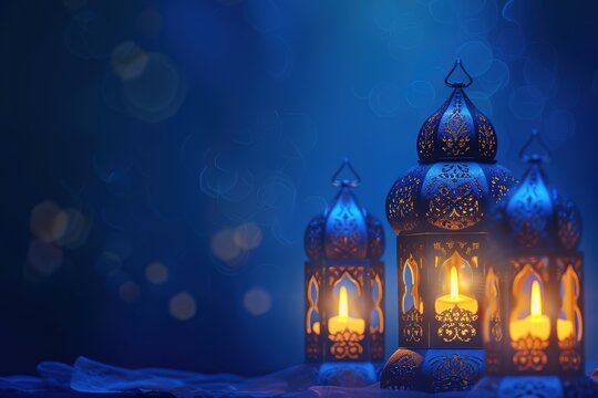 Illuminated traditional lanterns symbolizing Islamic celebration.