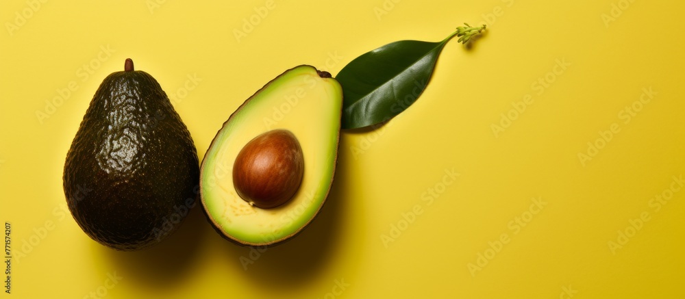 Poster two avocados, a fruit of a flowering plant, with leaves on a yellow background. this macro photograp