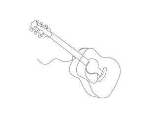 Continuous line drawing of classic acoustic guitar. One line of guitar acoustic. Modern stringed music instruments concept continuous line art. Editable outline.