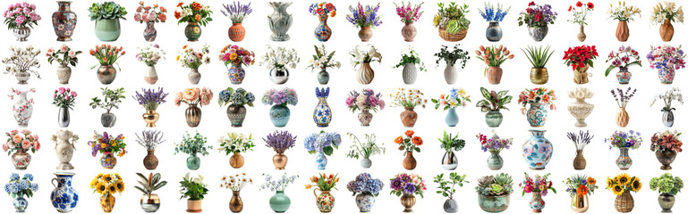 Many flower and plant in vase set of different flower and docoration style of red rose, gebera, sunflower, aloe vera, lavender, orchid and many more flowers, isolated on transparent background AIG44