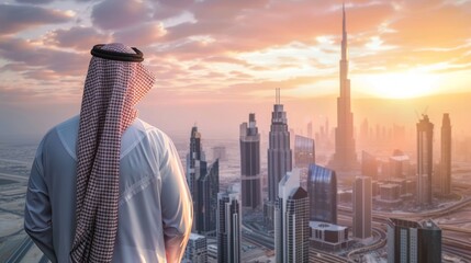 A thoughtful man in Arabic attire admires a modern cityscape. Fusion of tradition and urbanity. - obrazy, fototapety, plakaty