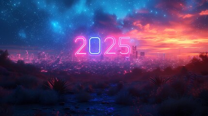 A futuristic city skyline with "2025" boldly displayed in glowing neon lights against a midnight blue background