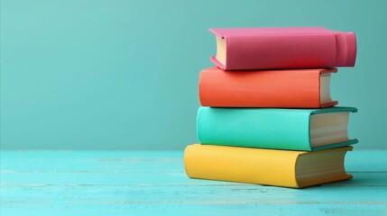 Colorful Stack of Books Against a Teal Background