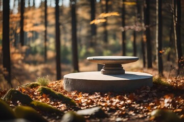 A flat stone podium with an empty round stand backdrop is situated in a lovely woodland.
