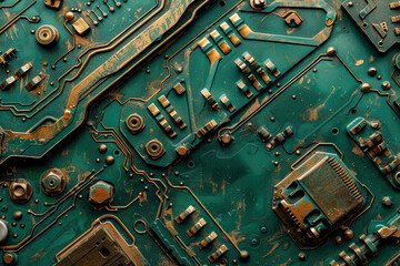 Old circuits and components on a green motherboard, capacitors resistors and other electronics integrated on a circuit board - obrazy, fototapety, plakaty